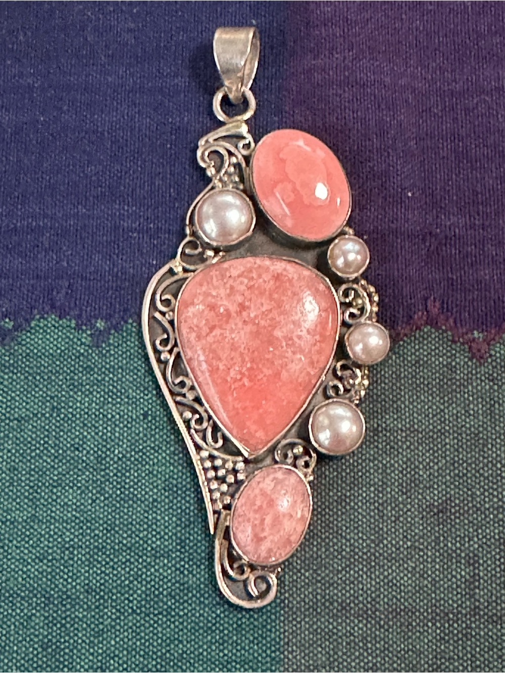 TJC Sterling Silver Rhodochrosite Pearl Ornate Pendant- Statement Pendant